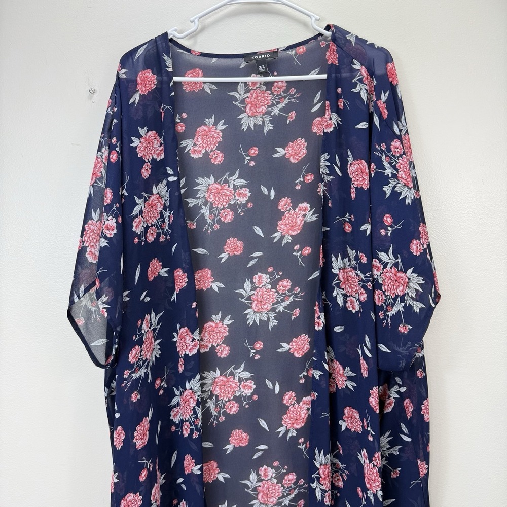 Torrid Blue Pink Floral Sheer Chiffon Duster Open Kimono Boho Layers Size 3X 4X‎ - Picture 5 of 10